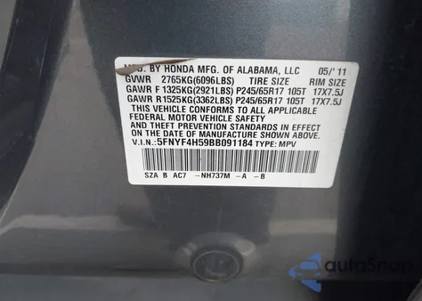 2011 Honda Pilot Ex-L z USA, uszkodzony, nr VIN 5FNYF4H59BB091184